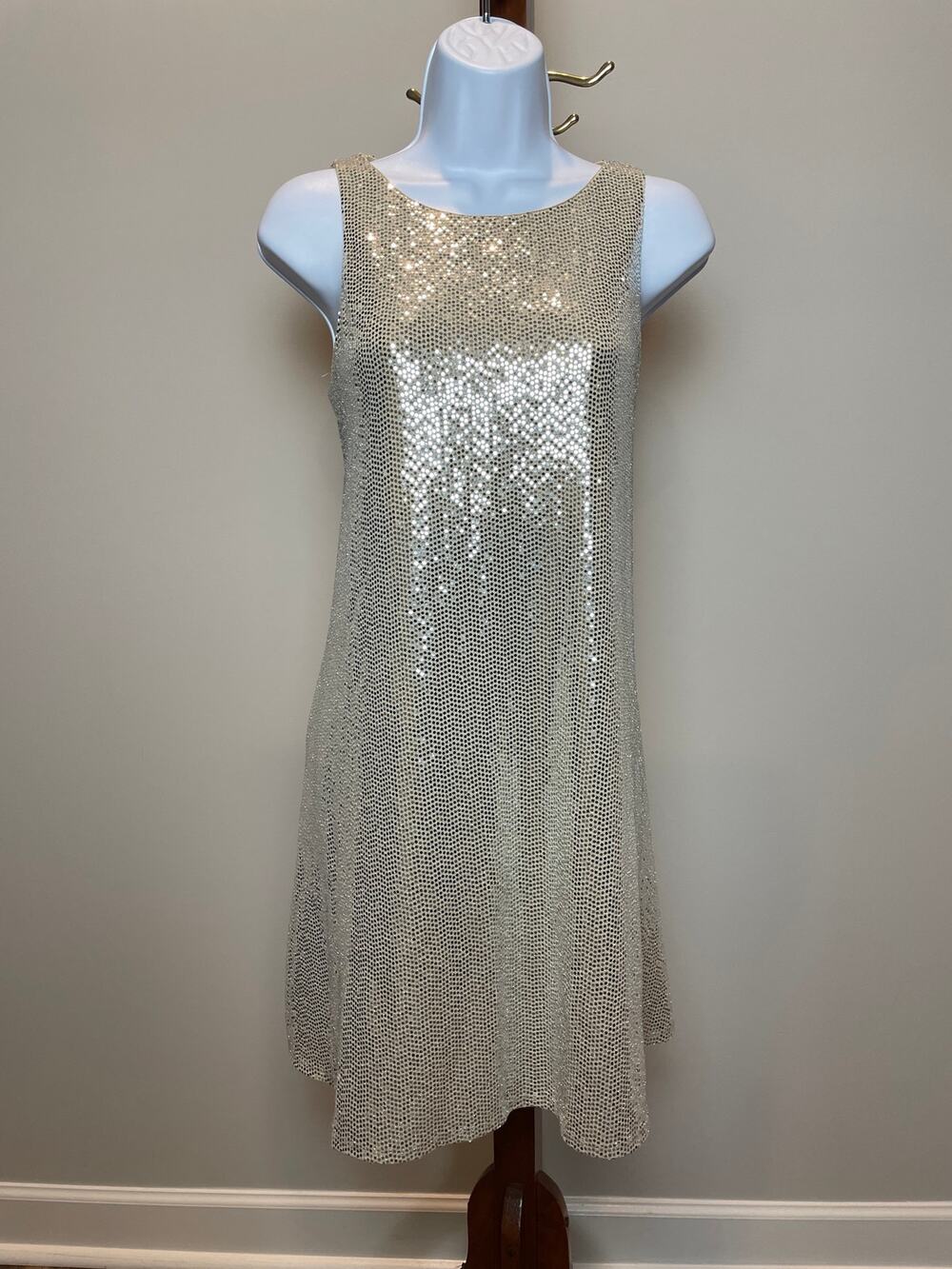 MSK Made in USA Sequin Mini Shift Dress Beige Silver Size S